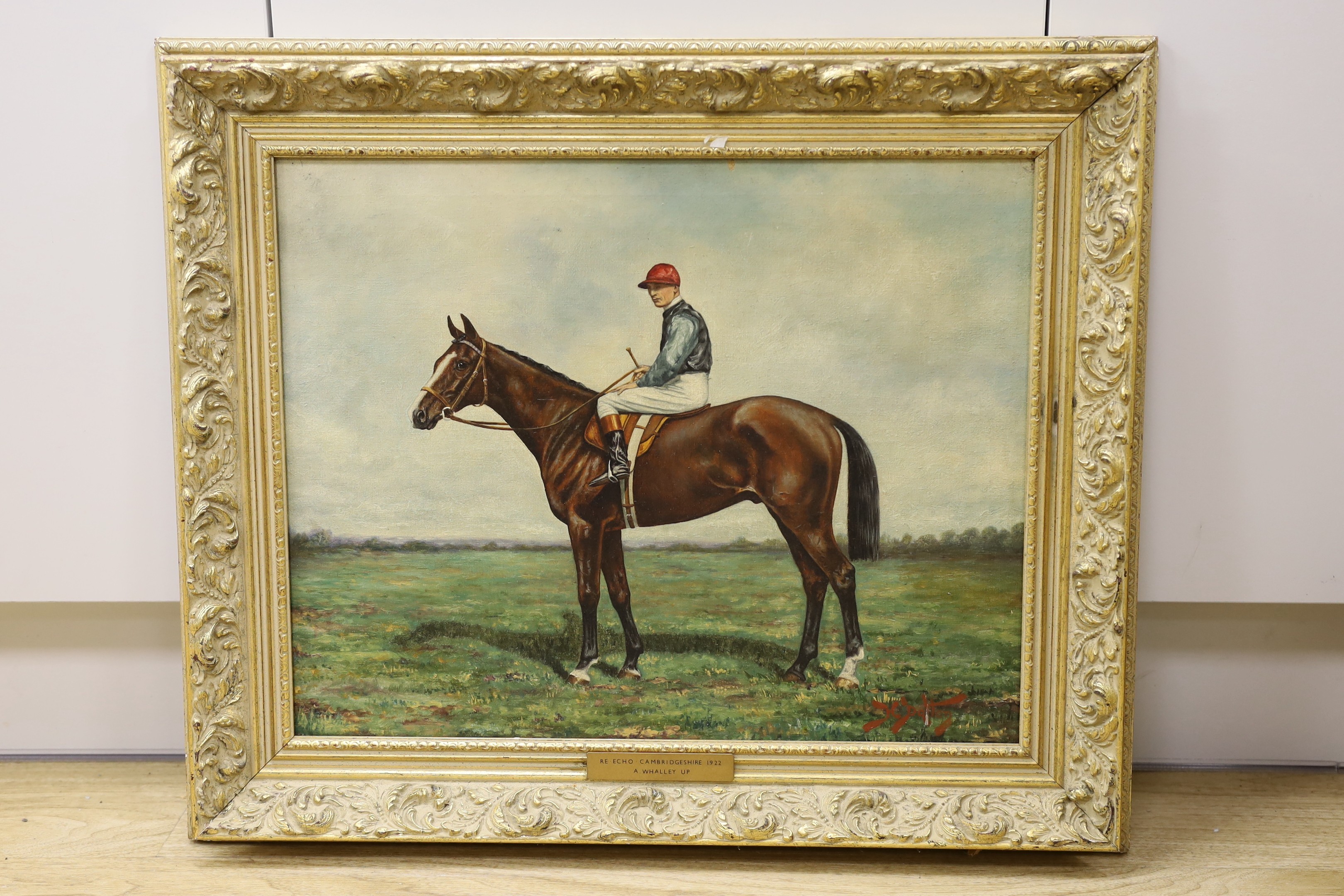 H. Dalton, oil on canvas, Portrait of the Racehorse Re-Echo with Albert Whalley up, Cambridgeshire, signed and inscribed verso, 40 x 50cm